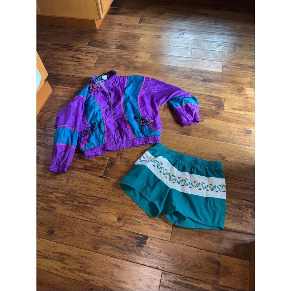 Vintage Purple & Teal Windbreaker Jacket with Teal Shorts Set